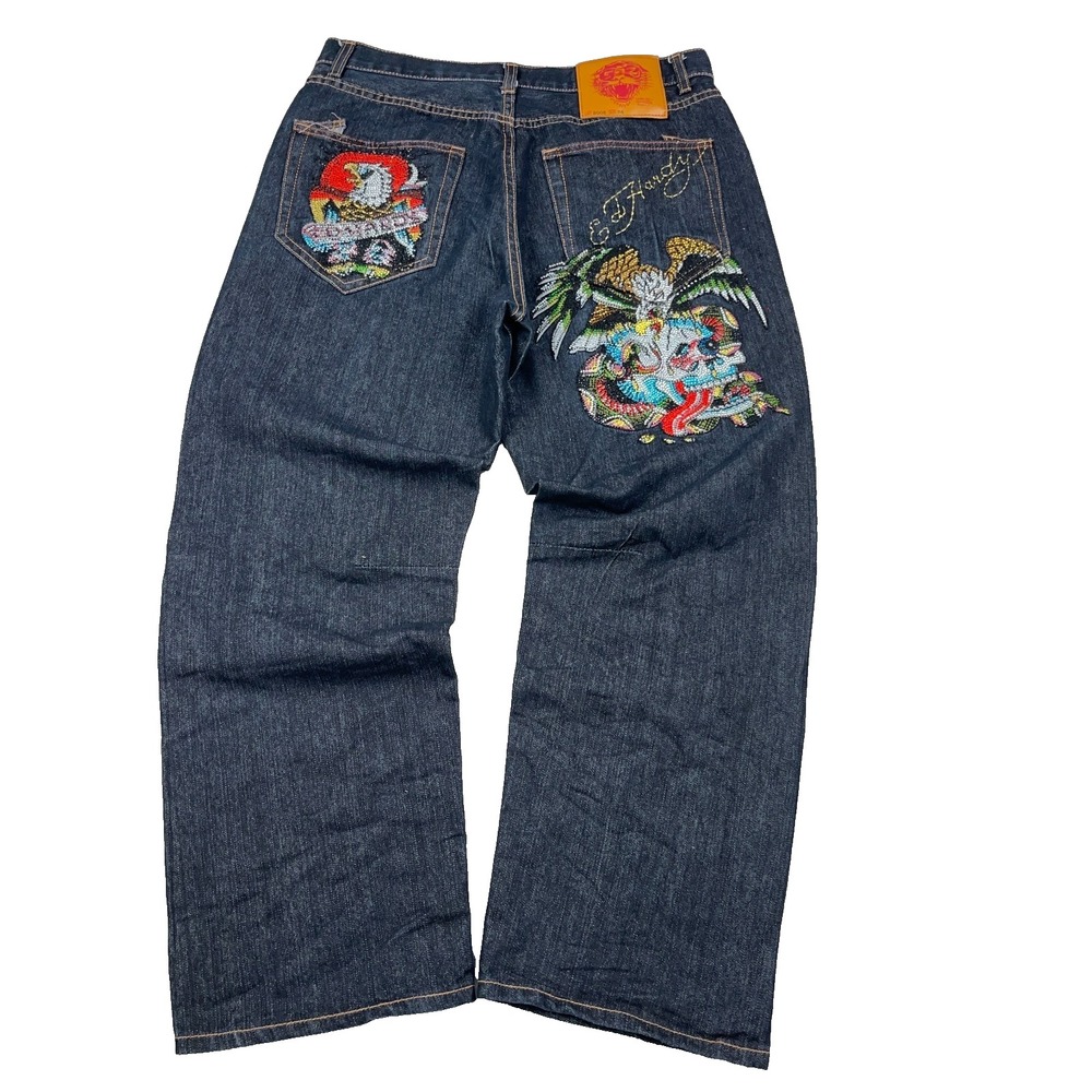 Vintage Ed Hardy Jeans Men 34x30 Baggy Fit Skull Tattoo Rhinestone Dark Wash